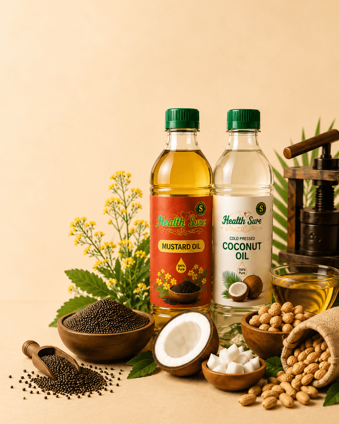 Wood-pressed oil ingredients — mustard, coconut, peanuts, and oil press