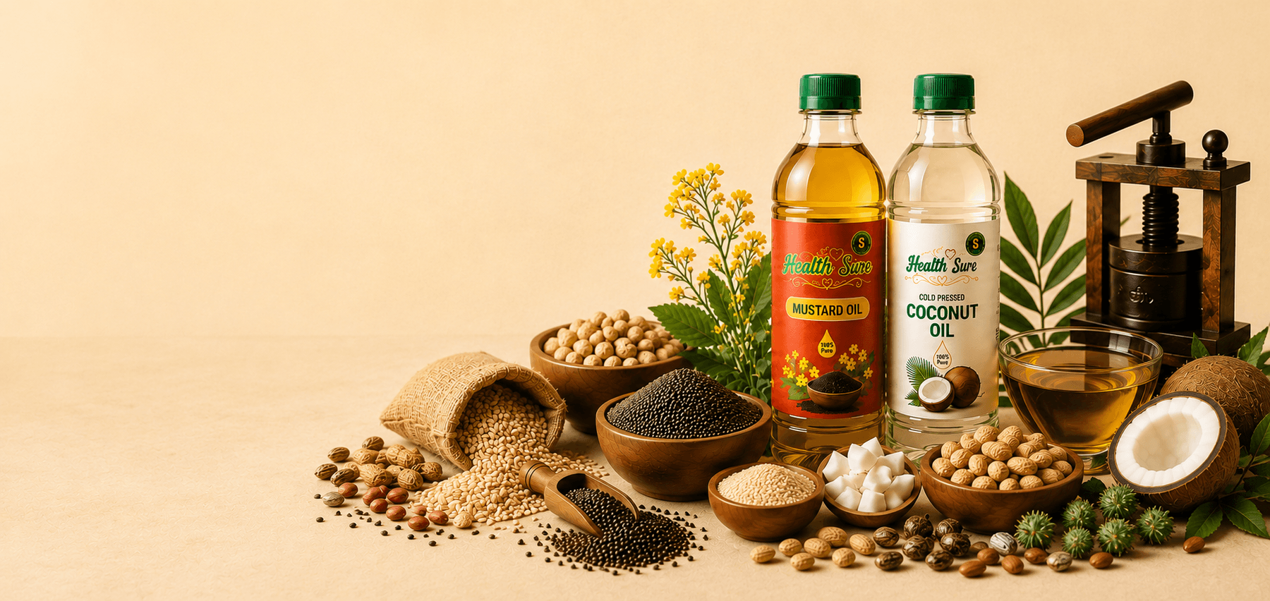 Wood-pressed oil ingredients — mustard, coconut, peanuts, and oil press